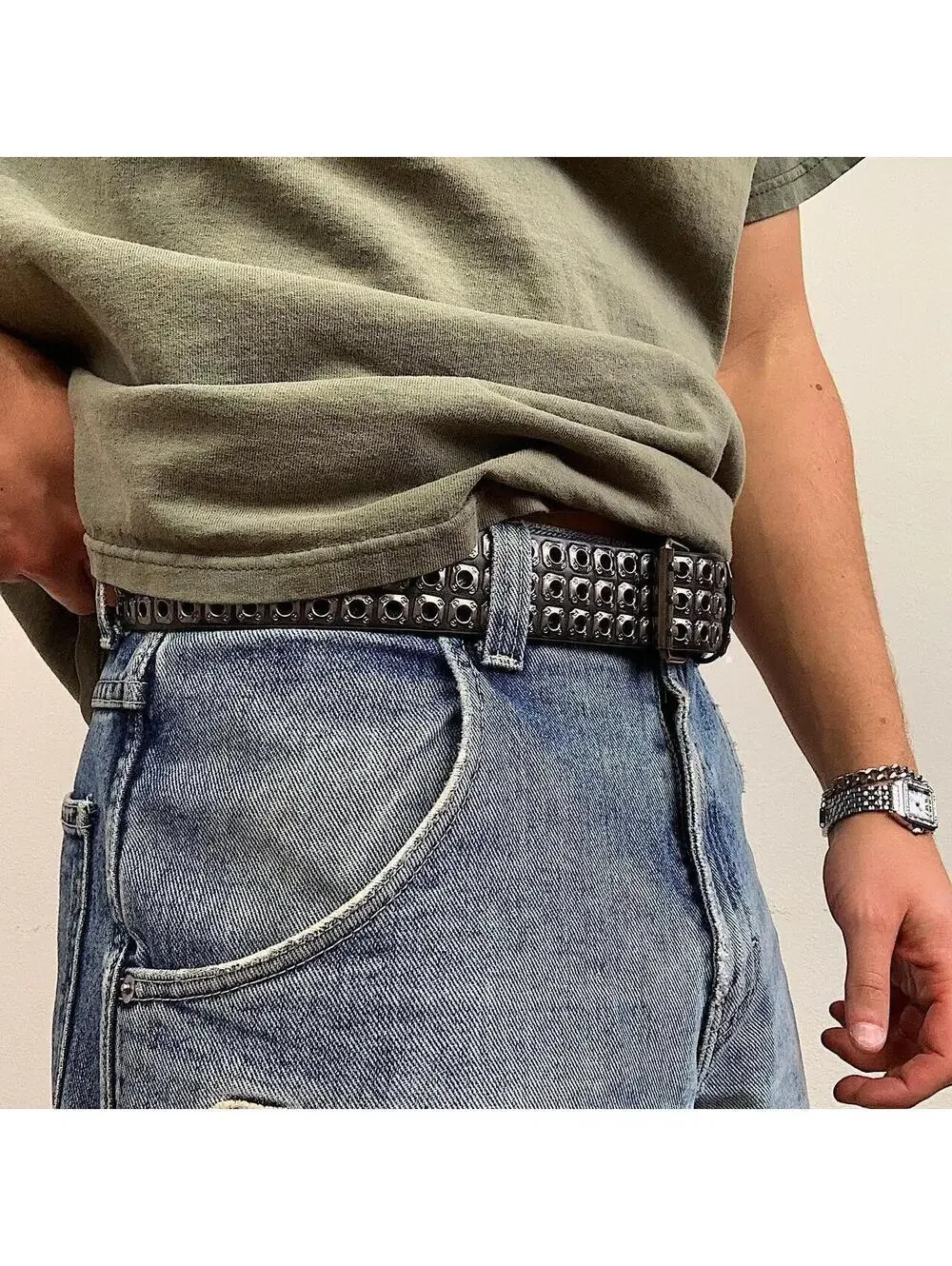 Cyber Y2K Style Dark Silver Studded Belt Unisex
